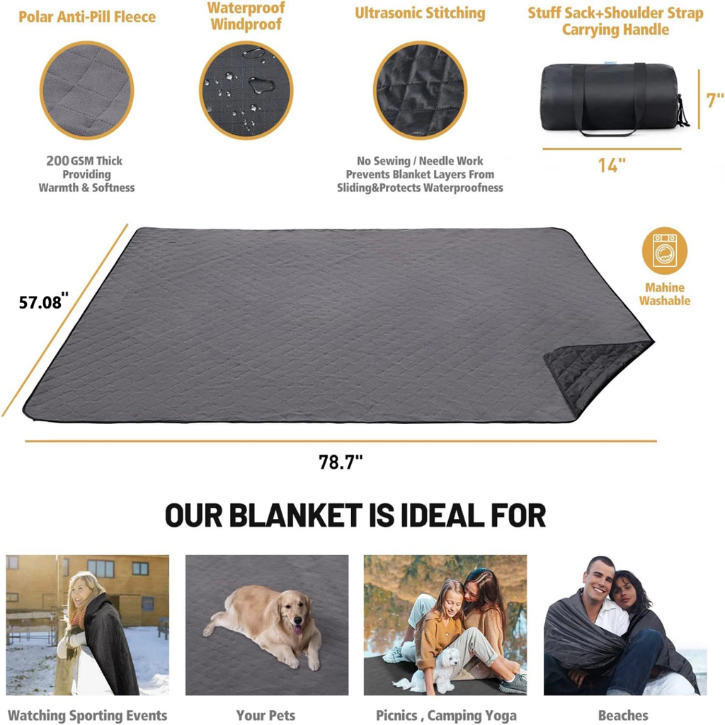 Ultrasonic Quilted Outdoor Camping Blanket, Waterproof Windproof Fleece Blanket with Carry Bag