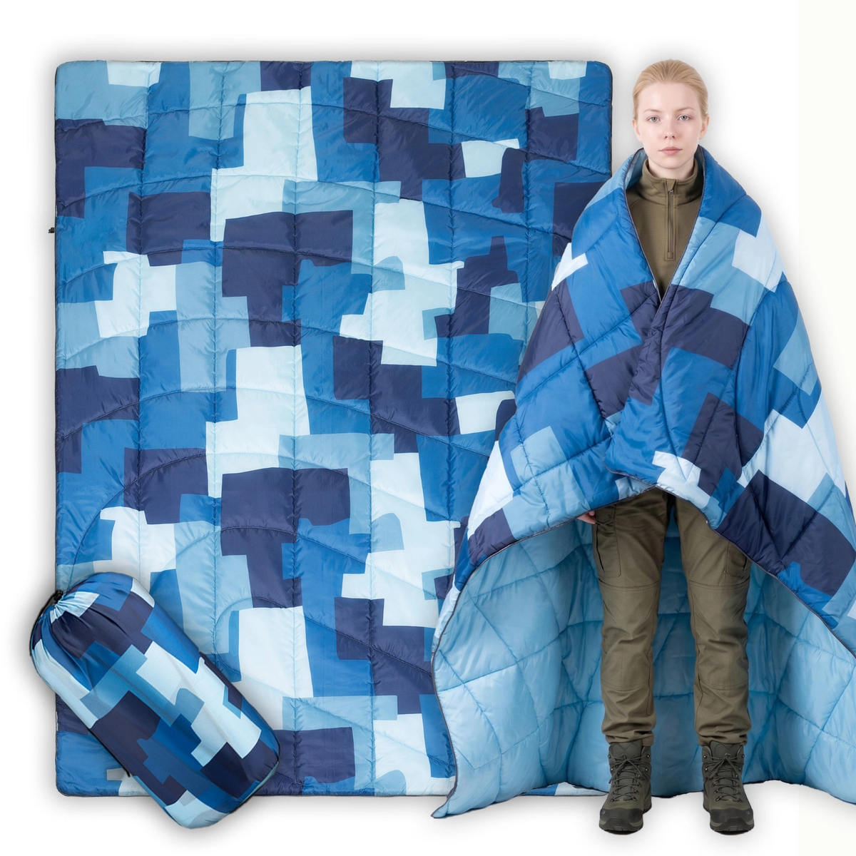 Blue Pixel Camo Packable Puffy Camping Blanket, Lightweight Quilted Outdoor Blanket with Carry Sack