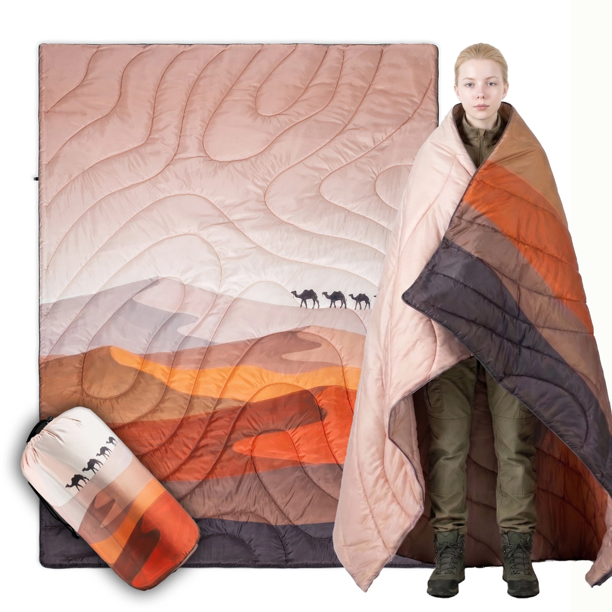 Desert Camel Landscape Packable Puffy Camping Blanket, Water Resistant Quilted Outdoor Throw with Storage Sack