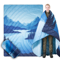 Blue Mountain Lake Forest Print Packable Puffy Camping Blanket, Water Resistant Quilted Outdoor Throw with Storage Sack