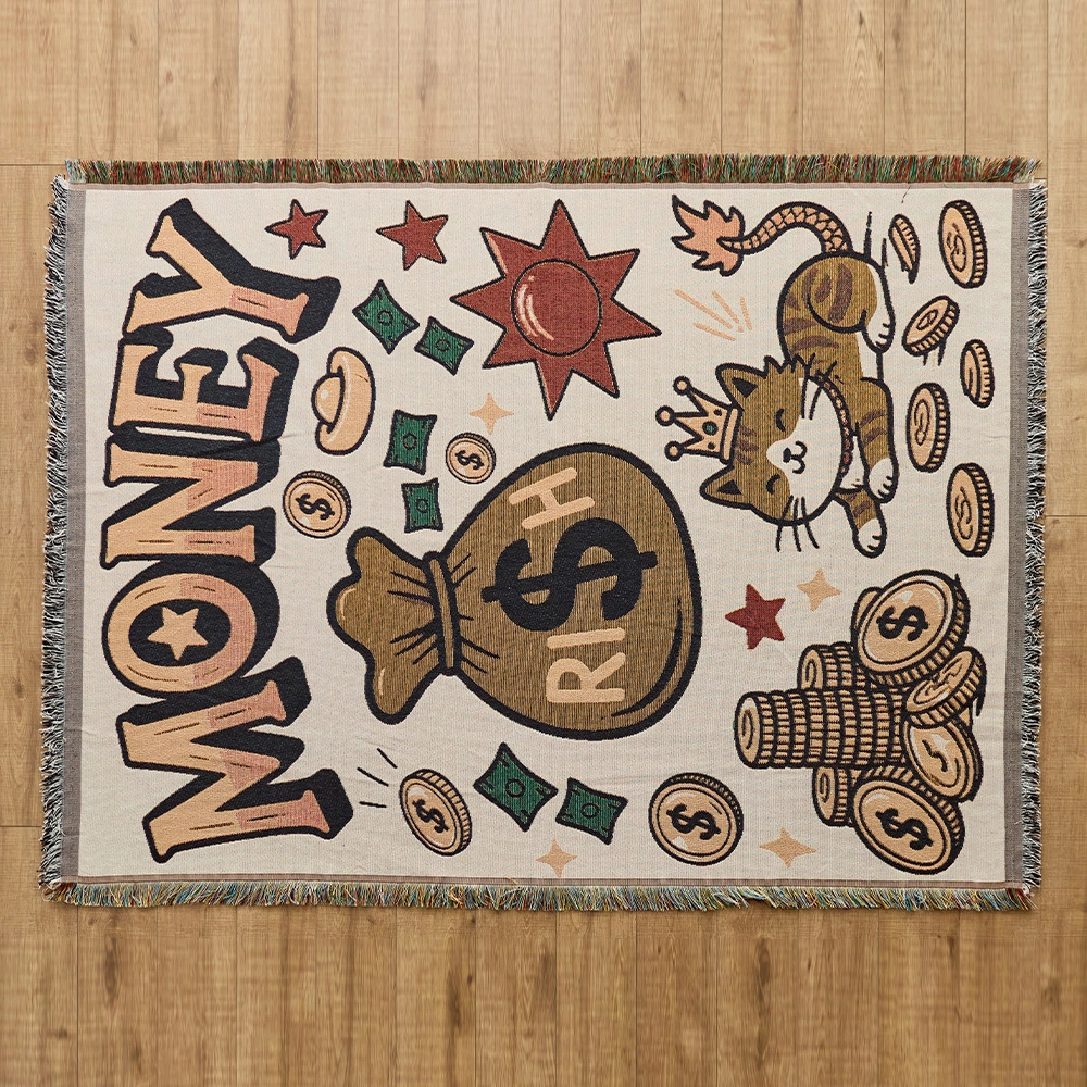 Cartoon & Art Print Woven Throw Blanket with Fringe, Multi-use Outdoor Picnic Rug Home Decor Tapestry