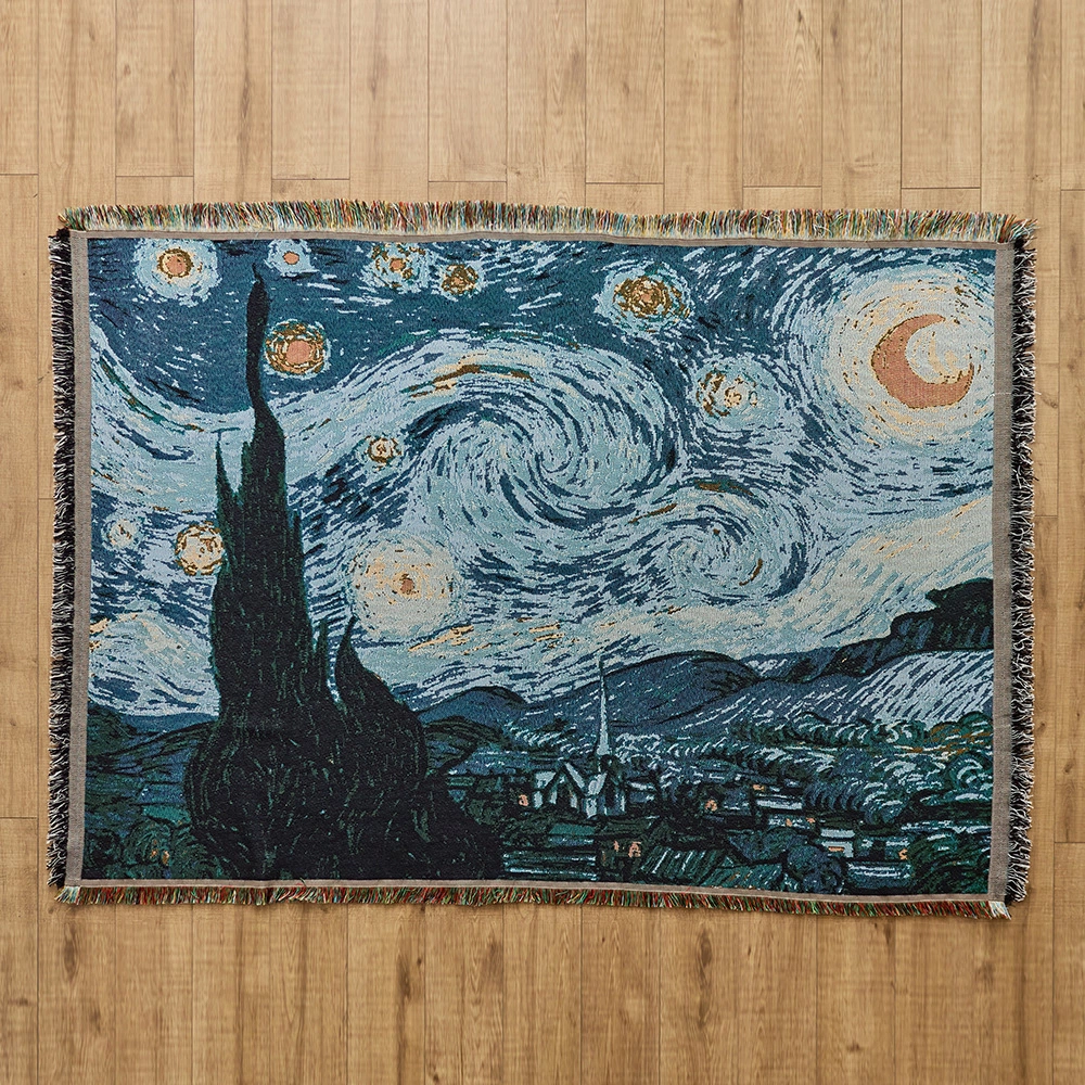 Cartoon & Art Print Woven Throw Blanket with Fringe, Multi-use Outdoor Picnic Rug Home Decor Tapestry