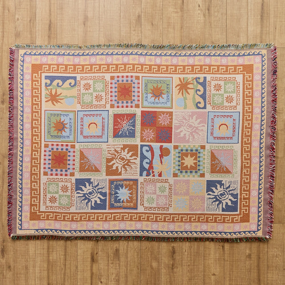 Cartoon & Art Print Woven Throw Blanket with Fringe, Multi-use Outdoor Picnic Rug Home Decor Tapestry