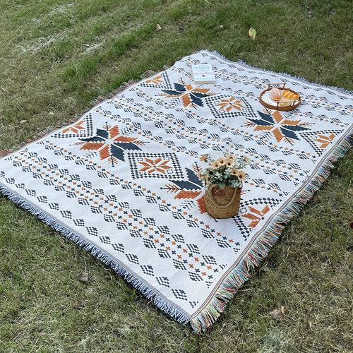 Bohemian Tassel Picnic Blanket, Boho Geometric Woven Throw Blanket for Outdoor Camping, Beach, Sofa Decor