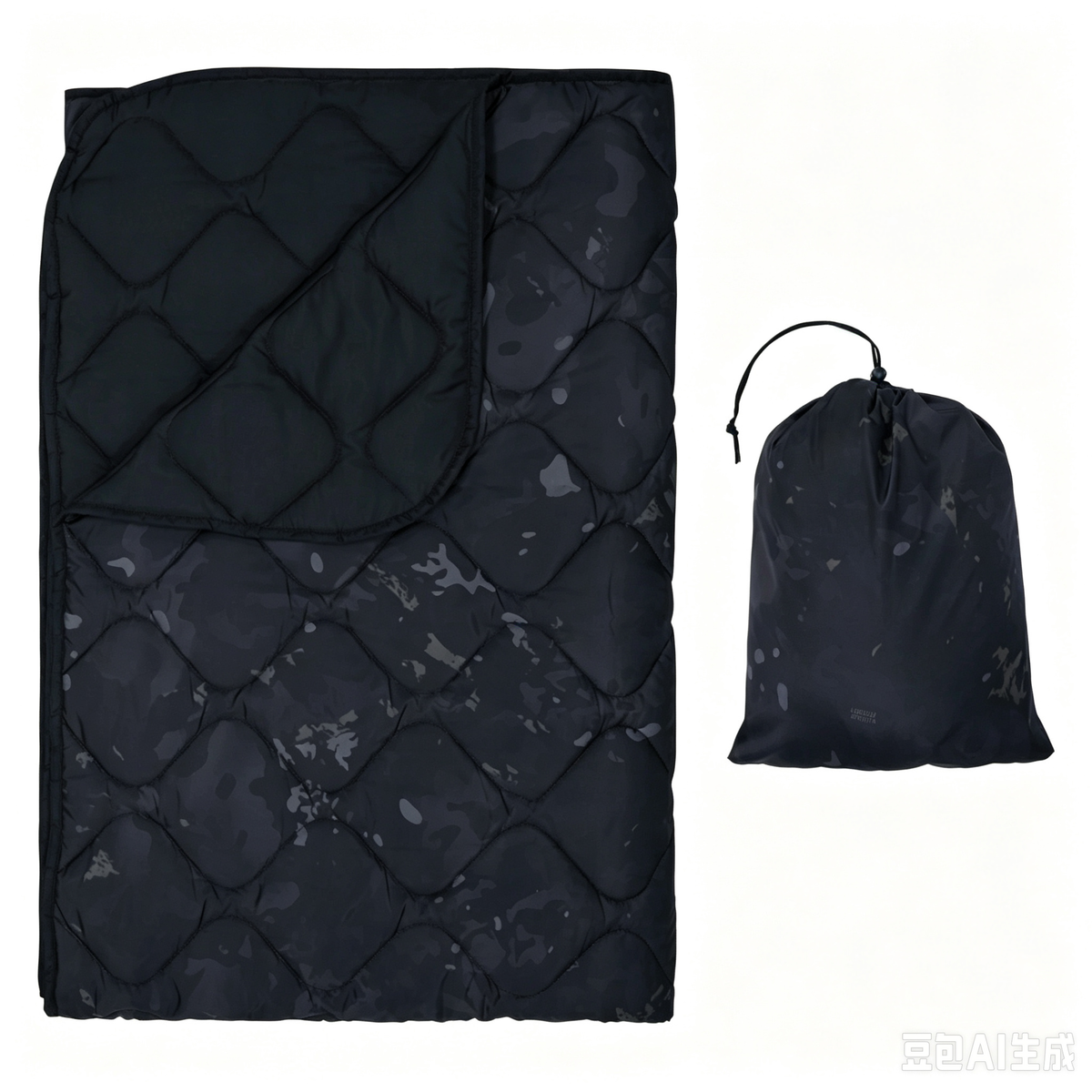 Black Multicam Camo Packable Puffy Camping Blanket, Reversible Quilted Outdoor Throw with Camo Drawstring Sack