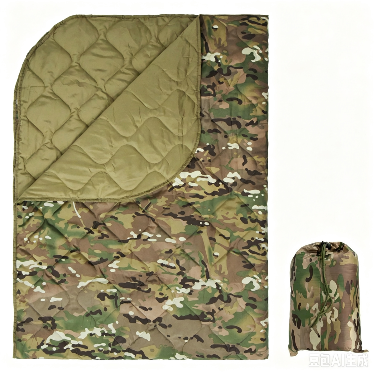 Multicam OCP Camo Packable Puffy Camping Blanket, Reversible Olive Green Quilted Outdoor Throw with Camo Sack