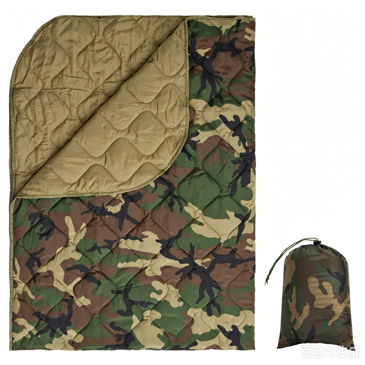 Woodland Camo Packable Puffy Camping Blanket, Reversible Khaki Quilted Outdoor Throw with Camo Drawstring Sack