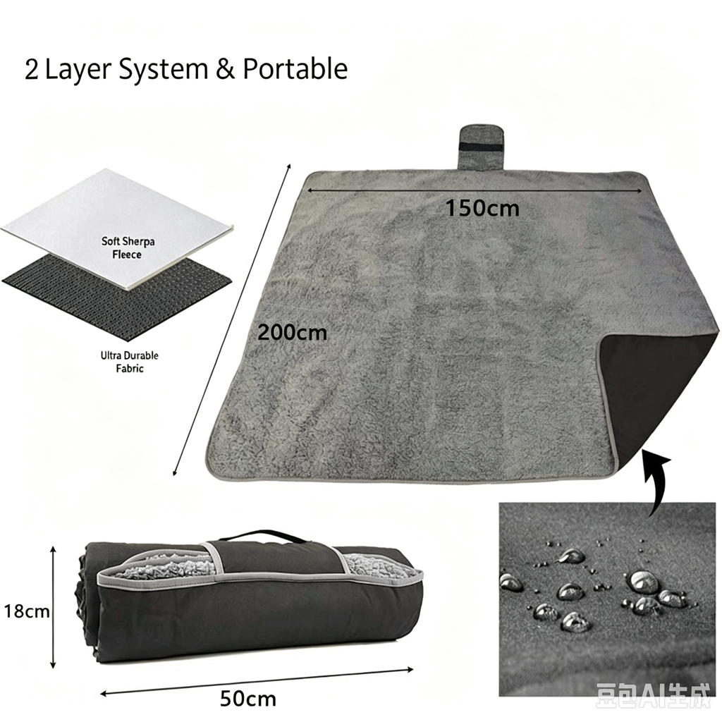 Portable Waterproof Outdoor Blanket, Thick Sherpa Lined Travel Blanket for Camping & Car Use